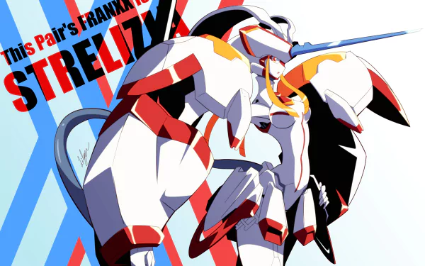 High-definition wallpaper featuring mecha from Darling in the FranXX, showcasing the Stralitz unit with vibrant colors and dynamic design elements.