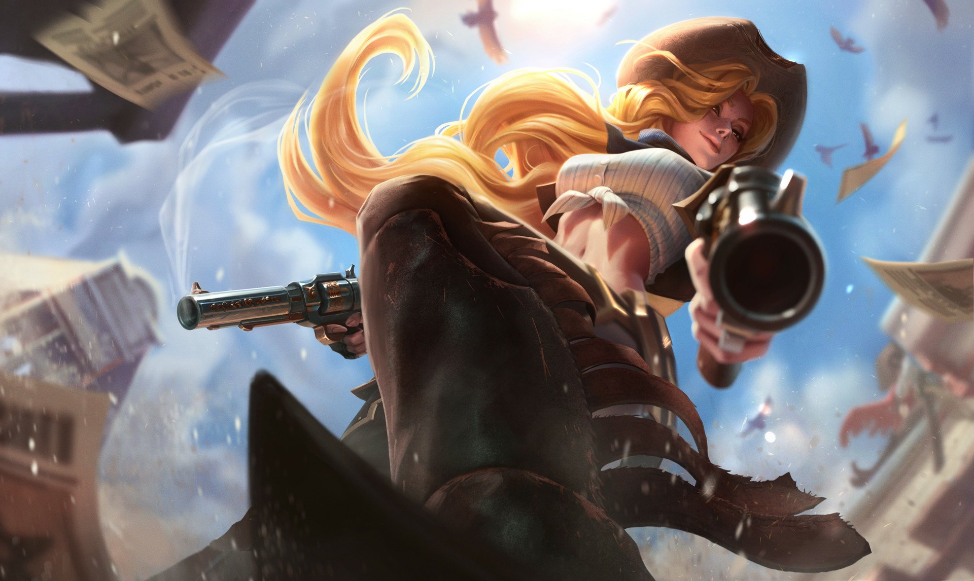 Cowgirl-themed HD desktop wallpaper featuring Miss Fortune from the video game League of Legends, armed and ready, with dynamic action and detailed scenery.
