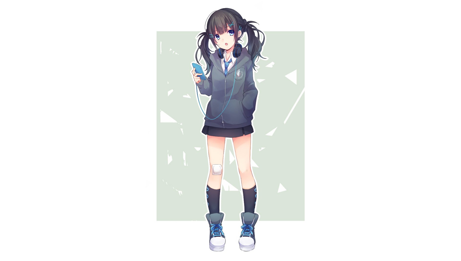 Anime original HD PC desktop wallpaper: dark-haired twin-tail girl in a hoodie and skirt, knee socks and sneakers, holding a phone with earbuds against a pale geometric background.