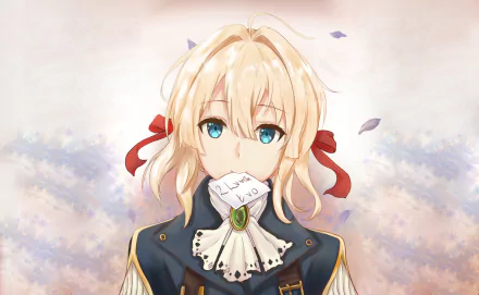 HD desktop wallpaper featuring Violet Evergarden, the anime character from Violet Evergarden, set against a dreamy background with soft colors and falling petals.