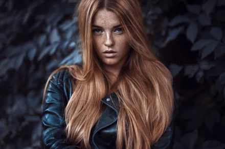 HD desktop wallpaper of a freckled redhead woman model with long flowing hair in a leather jacket against a moody, leafy background.