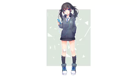 Anime original HD PC desktop wallpaper: dark-haired twin-tail girl in a hoodie and skirt, knee socks and sneakers, holding a phone with earbuds against a pale geometric background.