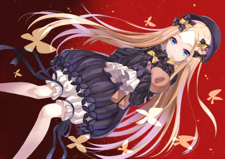 HD PC desktop wallpaper featuring Abigail Williams from the anime Fate/Grand Order, depicting her in a detailed dark dress with a red and orange butterfly-themed background.