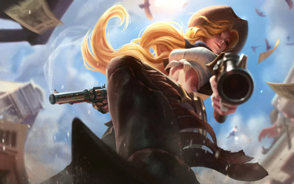 Cowgirl-themed HD desktop wallpaper featuring Miss Fortune from the video game League of Legends, armed and ready, with dynamic action and detailed scenery.