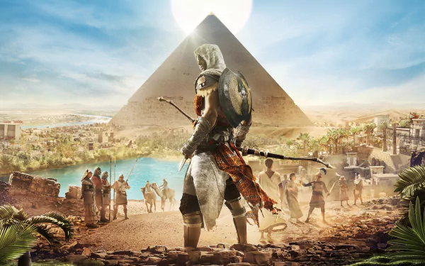 HD wallpaper of Bayek of Siwa from Assassin's Creed Origins, framed by the Great Pyramid and bustling ancient Egyptian life.
