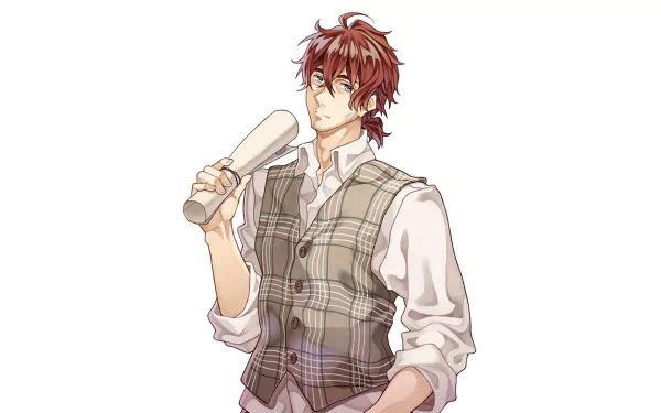 Anime-style illustration of a red-haired young man holding a rolled paper, inspired by Claudia Hodgins from Violet Evergarden, designed as an HD PC desktop wallpaper.