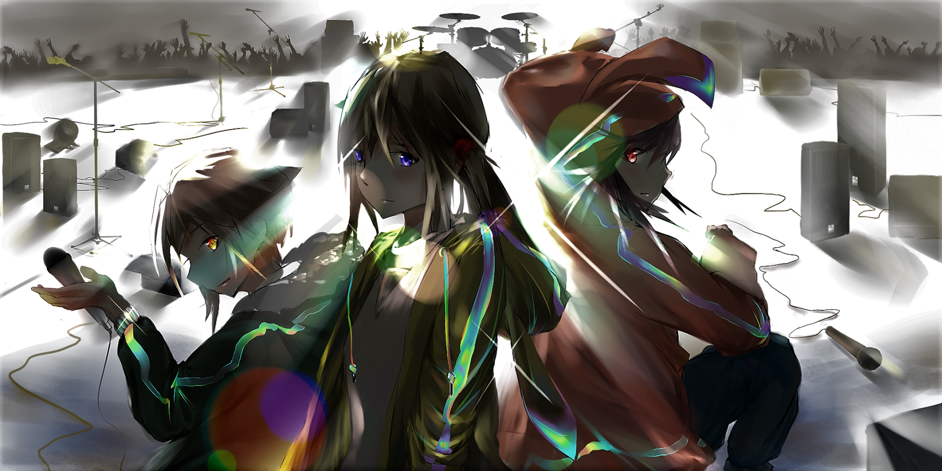 Anime original HD PC desktop wallpaper/background: three backlit characters in a snowy, fragmented cityscape with prism light flares, moody shadows and a violet‑eyed central figure.