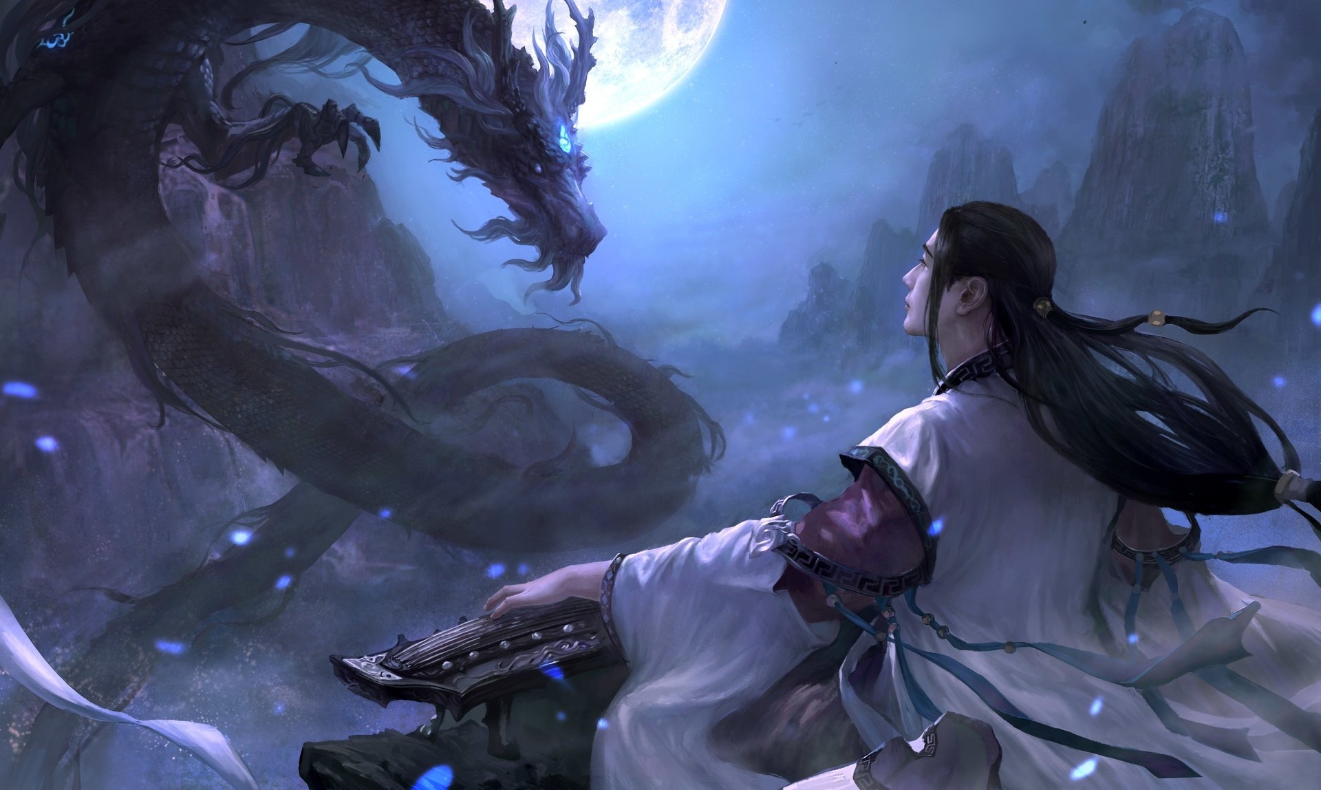 HD fantasy wallpaper depicting a serene oriental night scene with a person playing an instrument under a full moon, while a majestic dragon emerges from the shadows.