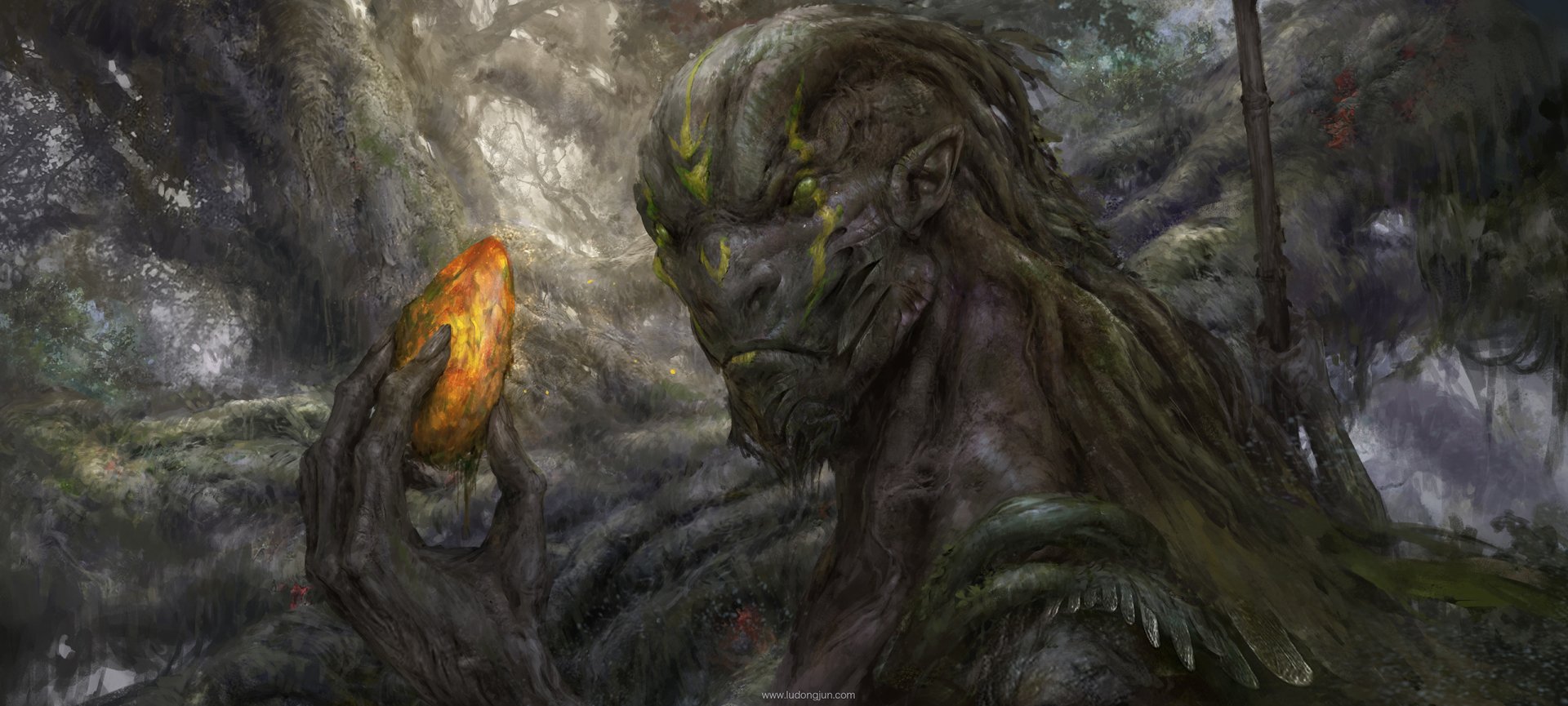 HD PC desktop wallpaper showing a detailed fantasy tree-like creature in a misty forest holding a glowing amber stone.