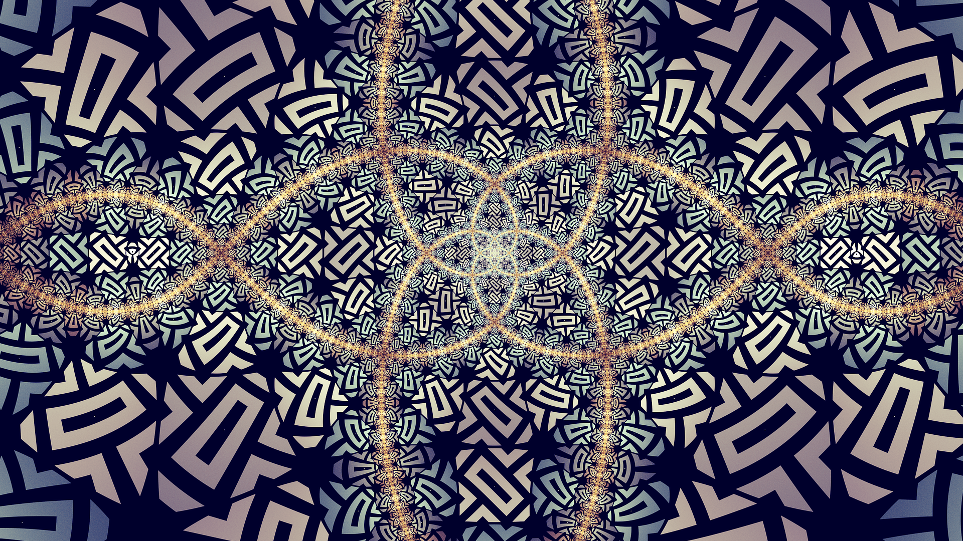 HD PC desktop wallpaper featuring an abstract fractal design with intricate symmetry and interwoven geometric patterns in dark and light tones.
