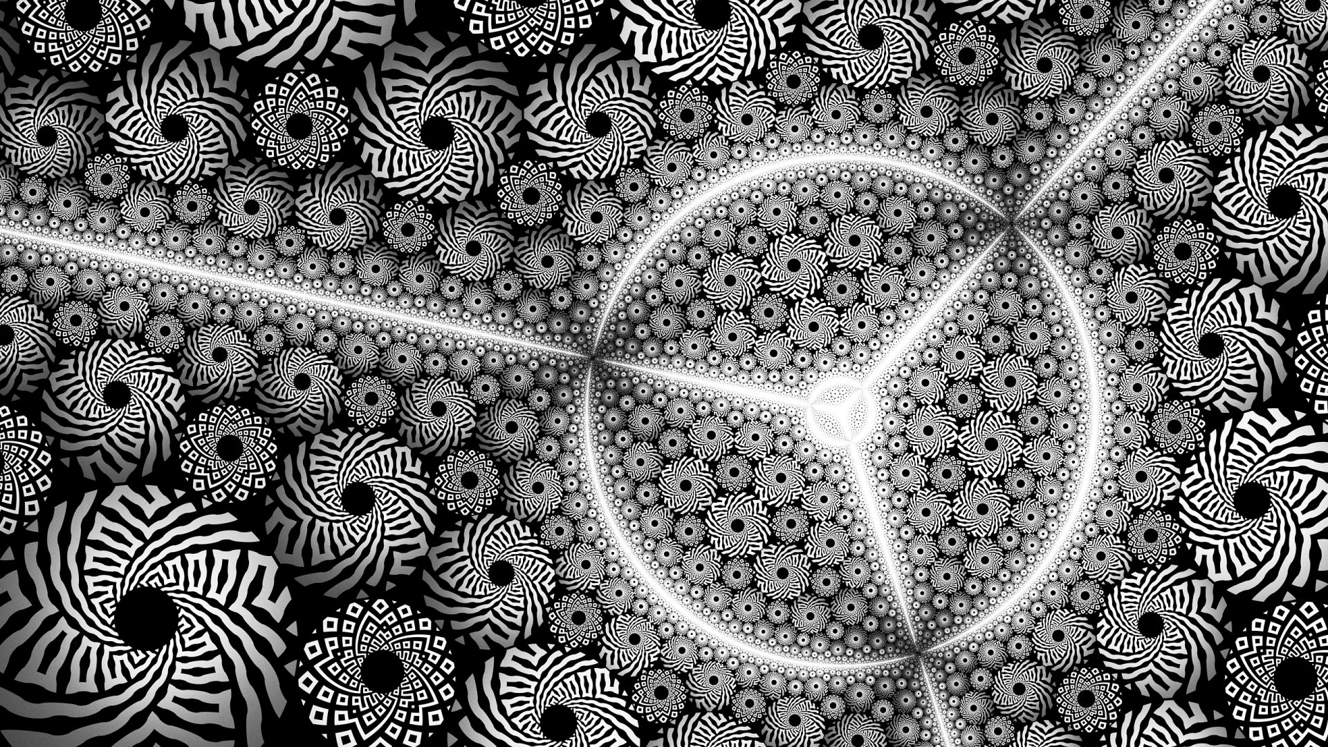 Black and white abstract fractal pattern featuring intricate spirals and geometric shapes, designed as an HD PC desktop wallpaper and background.