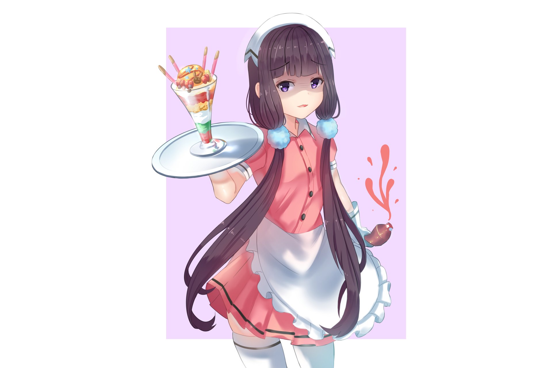 Maika Sakuranomiya from Blend S anime serves a parfait on a tray, wearing her waitress uniform, illustrated in 4K Ultra HD for a PC desktop wallpaper.