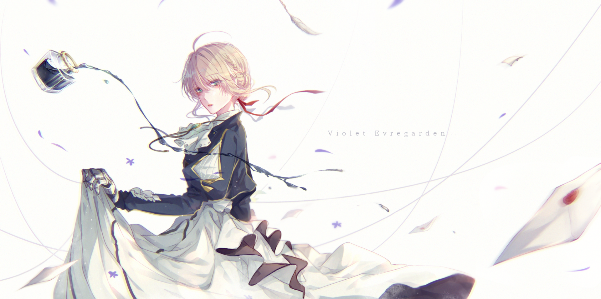 HD anime wallpaper featuring Violet Evergarden in a flowing dress with delicate ribbons and soft pastel tones, capturing the character’s elegant and ethereal essence.