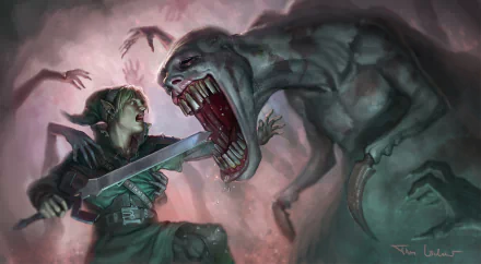 Link battles the terrifying Dead Hand from *The Legend of Zelda: Ocarina of Time*, surrounded by eerie hands in this atmospheric HD wallpaper, capturing a chilling gaming moment.
