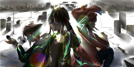 Anime original HD PC desktop wallpaper/background: three backlit characters in a snowy, fragmented cityscape with prism light flares, moody shadows and a violet‑eyed central figure.