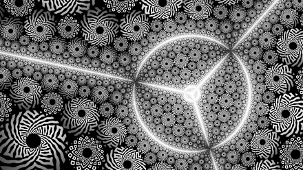 Black and white abstract fractal pattern featuring intricate spirals and geometric shapes, designed as an HD PC desktop wallpaper and background.