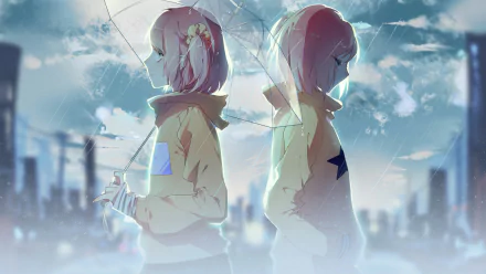 Anime-inspired HD wallpaper featuring two characters holding an umbrella, set against a cityscape backdrop with a dreamy, atmospheric vibe. Original artwork showcasing vibrant colors.