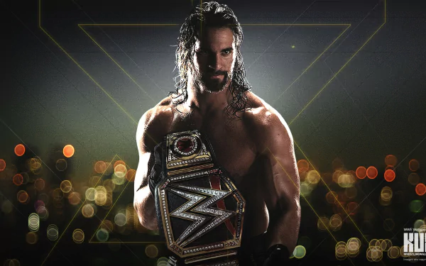 HD desktop wallpaper featuring WWE wrestler Seth Rollins with black hair, holding a championship belt against a dark, city light background.