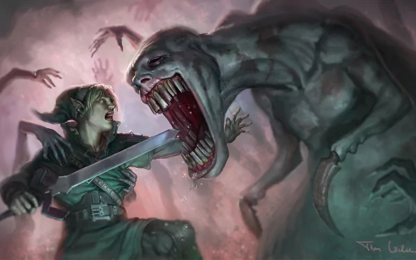 Link battles the terrifying Dead Hand from *The Legend of Zelda: Ocarina of Time*, surrounded by eerie hands in this atmospheric HD wallpaper, capturing a chilling gaming moment.