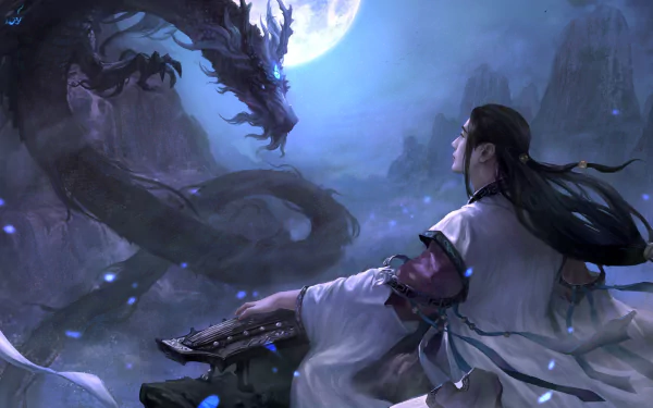 HD fantasy wallpaper depicting a serene oriental night scene with a person playing an instrument under a full moon, while a majestic dragon emerges from the shadows.