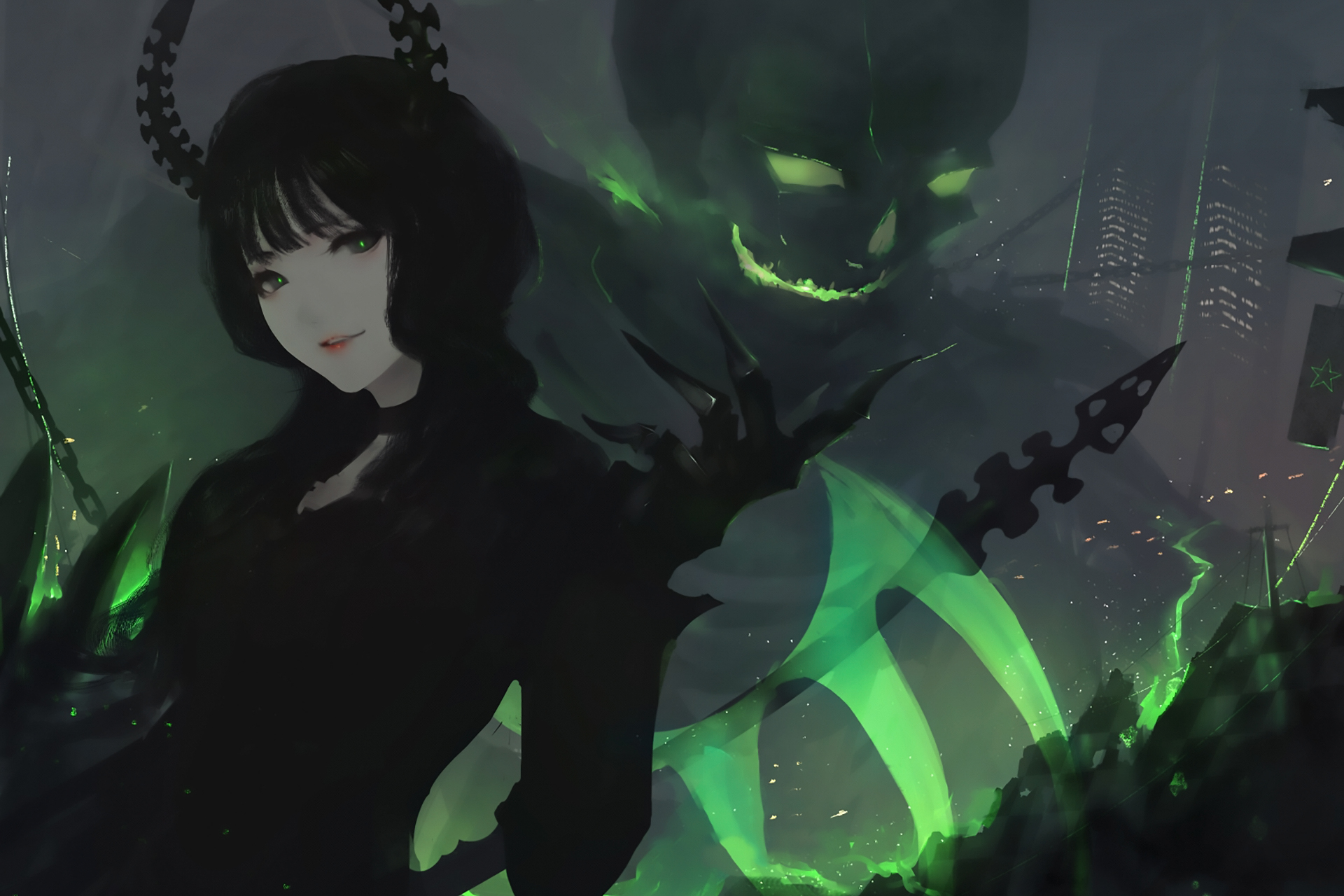 Serious Anime Girl With Black Hair And Green Eyes