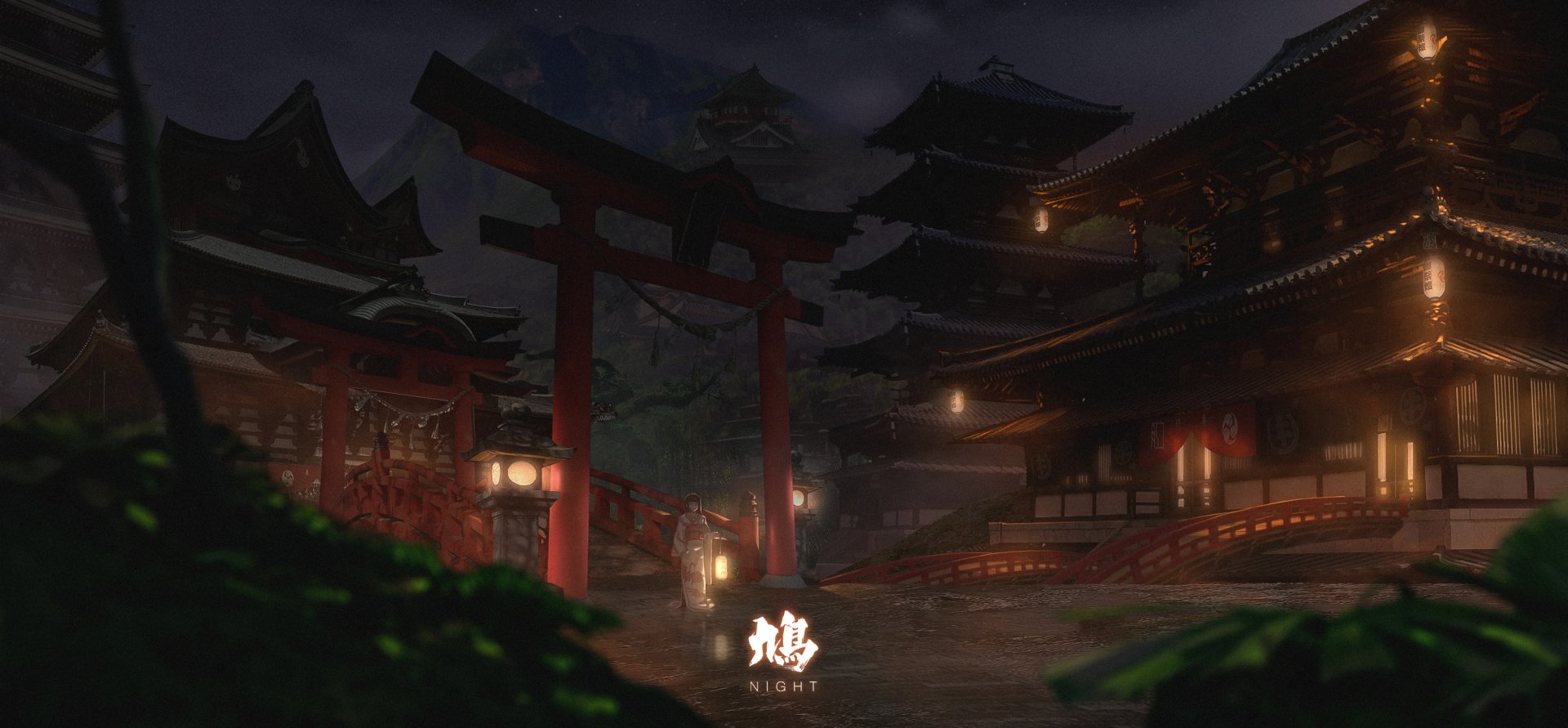 HD anime original artwork depicting a nighttime traditional Japanese temple scene with glowing lanterns, designed as a PC desktop wallpaper background.