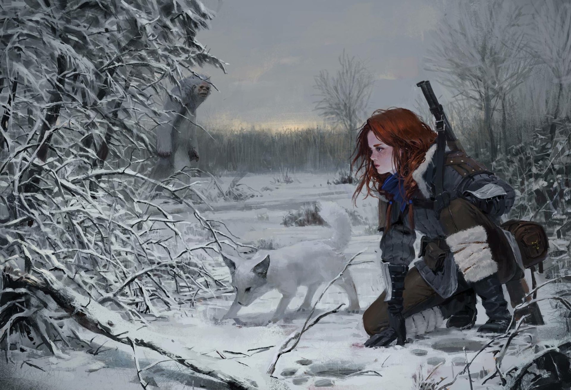 A red-haired woman warrior, accompanied by a white fox, crouches in a snowy forest, poised for action. The winter landscape adds to the fantasy mood of the HD desktop wallpaper.