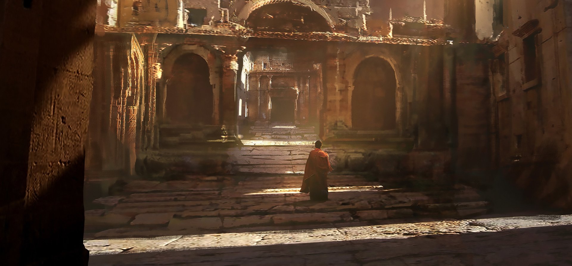 A lone figure stands amid ancient fantasy ruins bathed in warm, dramatic light, captured in an HD PC desktop wallpaper and background.