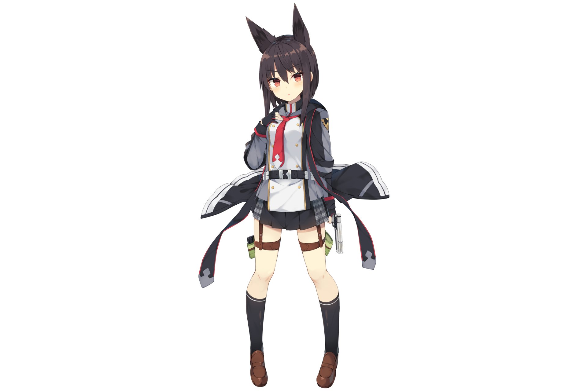 Anime original: fox-eared girl in dark school-style uniform with red tie, thigh straps and boots, standing on white backdrop — 2K Quad HD PC desktop wallpaper/background.