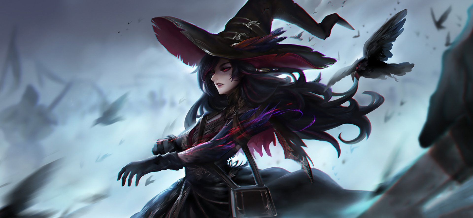 HD fantasy desktop wallpaper of a witch in a dark outfit and pointed hat, with flowing hair and birds flying around her, set against a misty background.