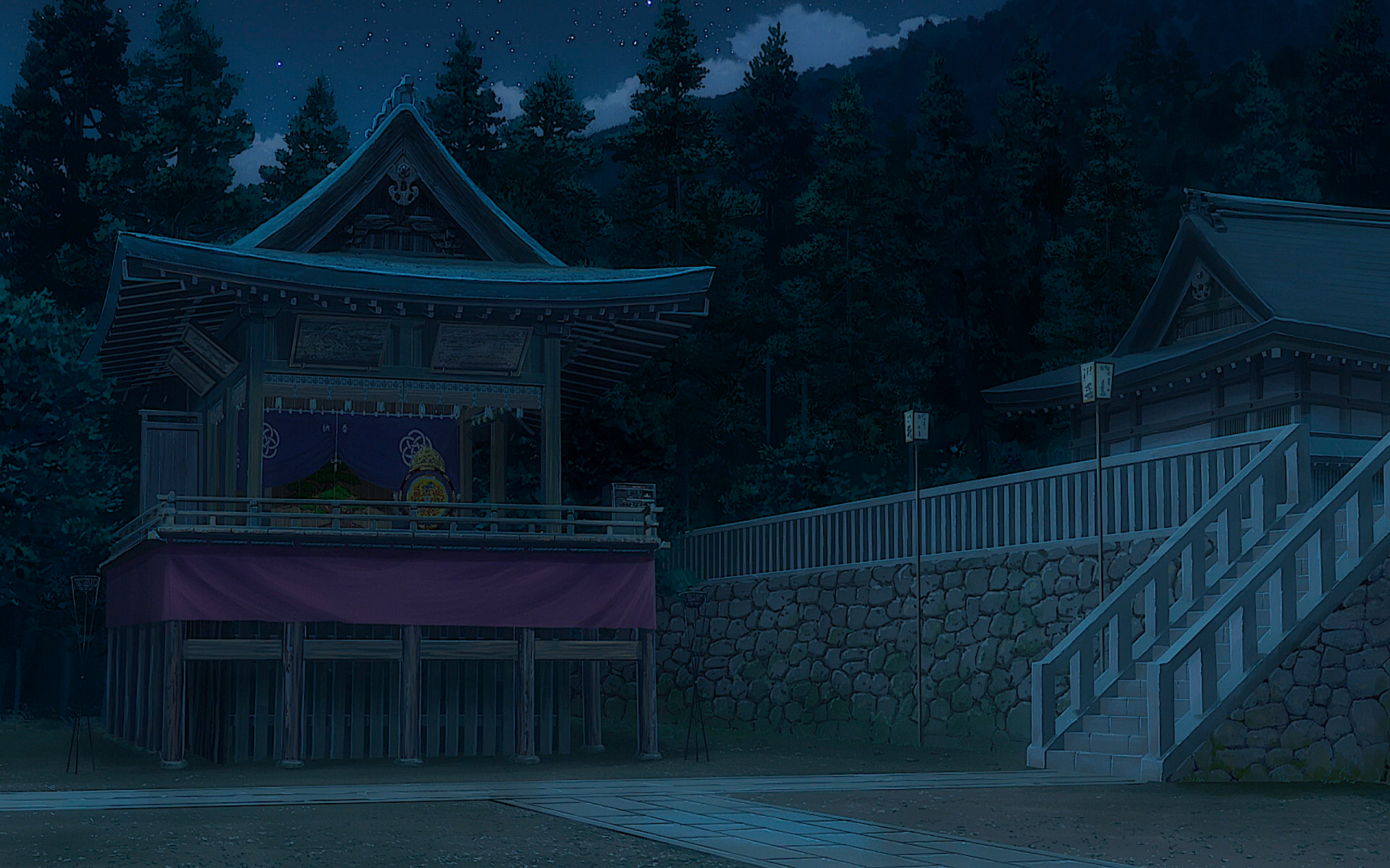 HD anime wallpaper from Your Name. featuring a nighttime scene in Itomori, with traditional Japanese buildings surrounded by trees and mountains in the background.