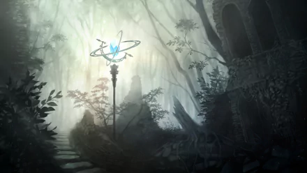 HD anime original desktop wallpaper depicting a mysterious, foggy forest scene with an ornate glowing staff and ancient ruins in the background.