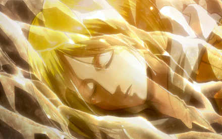 A HD desktop wallpaper featuring Annie Leonhart from Attack on Titan. The image shows her with eyes closed, encompassed in a glowing golden light.