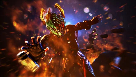 HD PC desktop wallpaper featuring Valkyr from the video game Warframe, depicted in dynamic action with vibrant lighting and dramatic effects.
