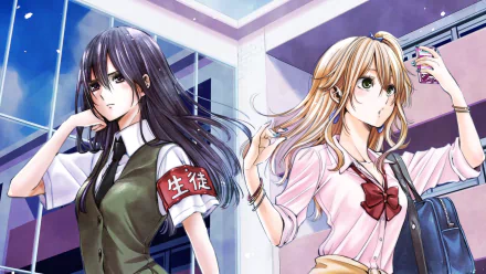 HD desktop wallpaper featuring Yuzu Aihara (with blonde hair and green eyes) and Mei Aihara (with purple hair and a school uniform) from the anime Citrus. Both characters are standing outdoors.