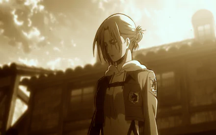 Sepia-toned HD wallpaper of Annie Leonhart from Attack on Titan in uniform, looking sad with a somber expression against a rustic background.