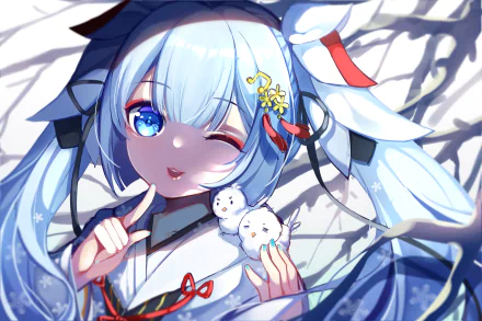 HD desktop wallpaper featuring Hatsune Miku, a popular Vocaloid character, with blue hair, winking and holding two small fluffy creatures on her hands.