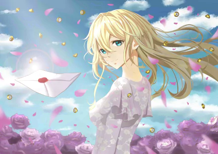 HD desktop wallpaper featuring the anime character Violet Evergarden, surrounded by pink petals and a floating letter against a blue sky backdrop.