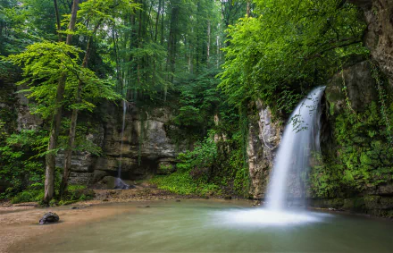 A serene HD desktop wallpaper featuring a lush green forest with a cascading waterfall flowing into a tranquil pool below. The scene captures the beauty and tranquility of nature.
