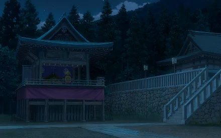 HD anime wallpaper from Your Name. featuring a nighttime scene in Itomori, with traditional Japanese buildings surrounded by trees and mountains in the background.