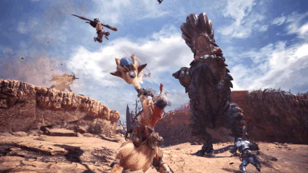 HD desktop wallpaper and background featuring an action-packed battle scene from the video game Monster Hunter: World, with hunters engaging in combat with a large monster in a rocky, desert-like terrain.