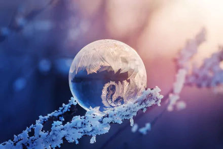A high-definition wallpaper featuring a macro shot of a frozen bubble on a frosty branch, set against a peaceful winter background with soft, muted colors.