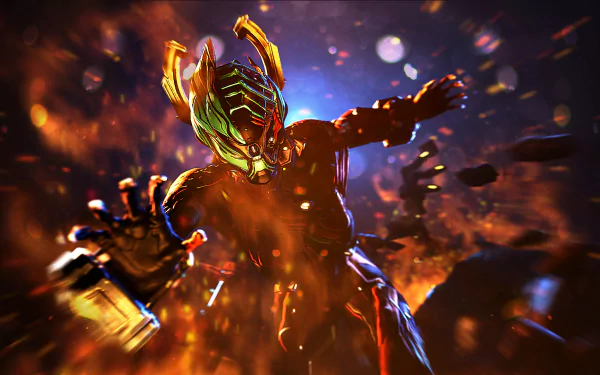 HD PC desktop wallpaper featuring Valkyr from the video game Warframe, depicted in dynamic action with vibrant lighting and dramatic effects.
