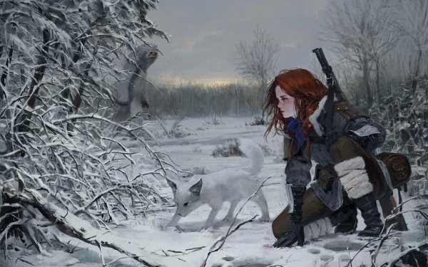 Fantaisie Guerrières Woman Warrior Redhead Hiver Snow Renard Bigfoot Hunter Fond d'écran HD | Image