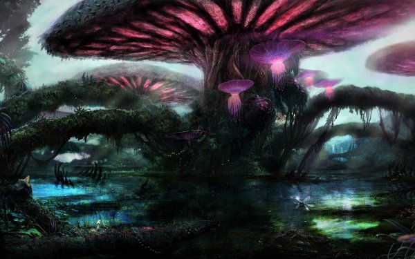Fantasy Forest Magical Mushroom Tree Purple HD Wallpaper | Background Image