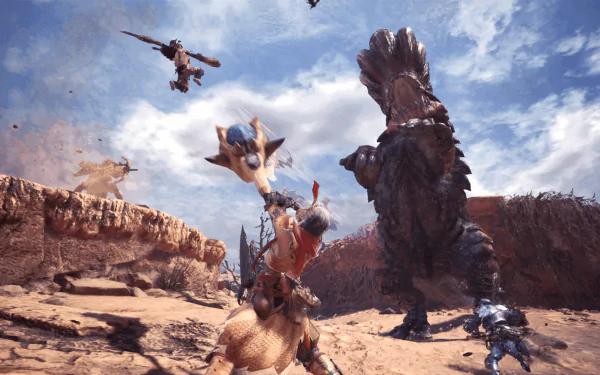 HD desktop wallpaper and background featuring an action-packed battle scene from the video game Monster Hunter: World, with hunters engaging in combat with a large monster in a rocky, desert-like terrain.