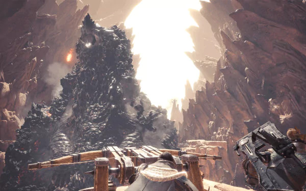 HD desktop wallpaper of Monster Hunter: World featuring a massive creature in a rocky, sunlit canyon backdrop, with detailed weaponry in the foreground.