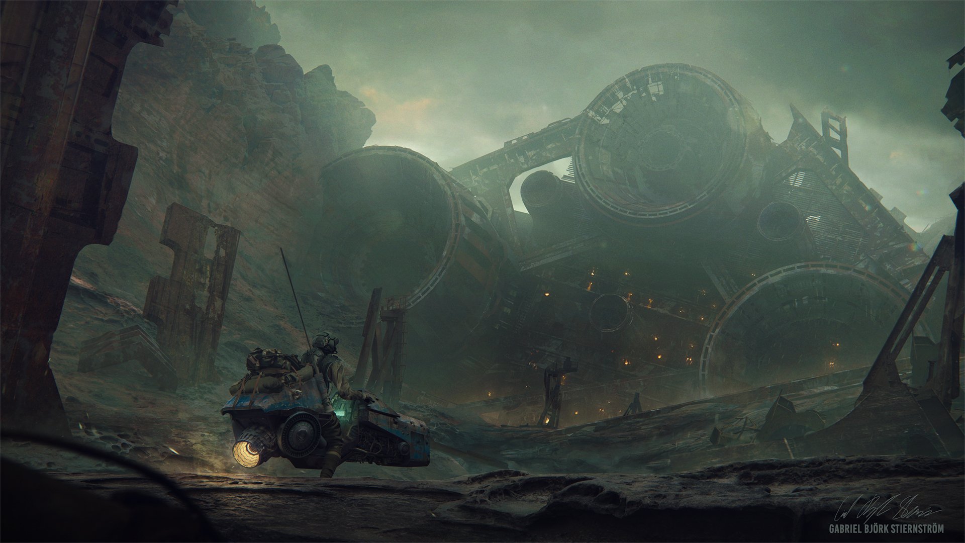 A high-definition desktop wallpaper featuring a futuristic, Sci-Fi vehicle exploring the wreck of a massive structure in a desolate, misty environment.