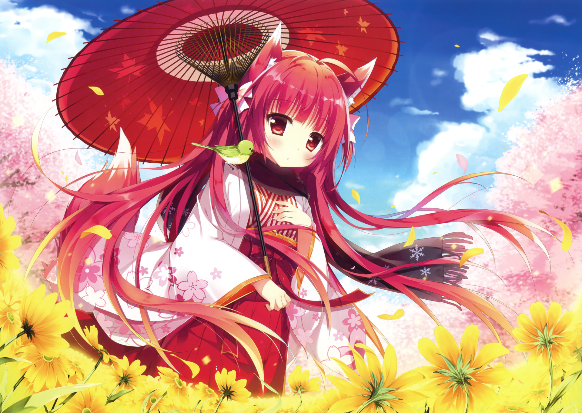 HD wallpaper featuring an anime girl with red hair and fox ears, holding a red parasol, surrounded by cherry blossoms and yellow flowers under a bright blue sky.