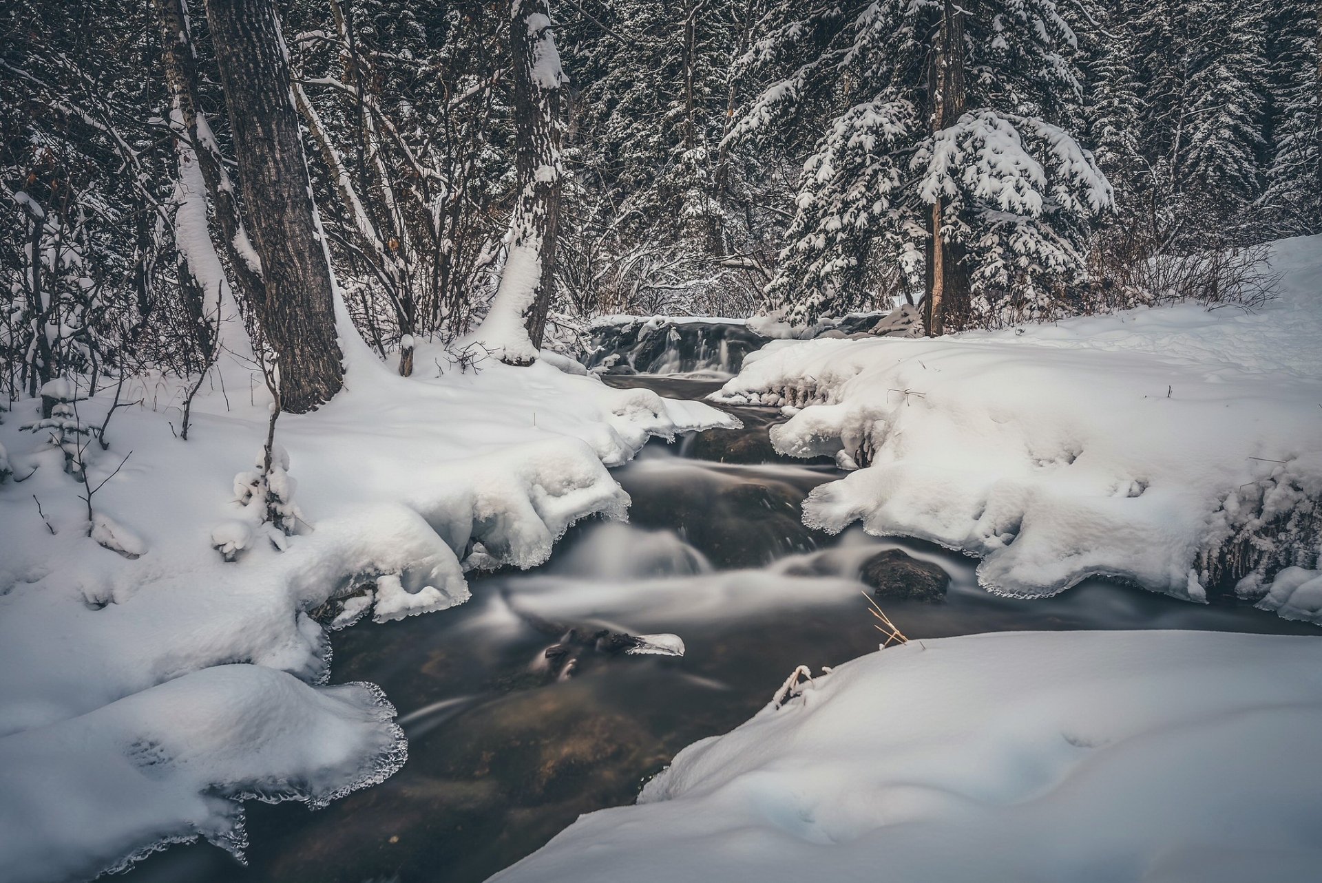 HD PC desktop wallpaper showcasing a serene winter scene with a gently flowing stream surrounded by snow-covered trees and landscape.